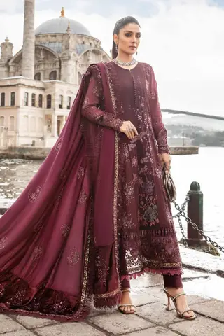 Premium Embroidered Luxury Three Piece Suit – Wine