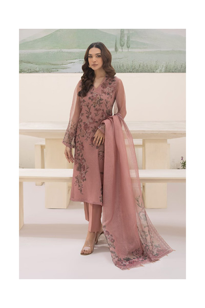 Premium Floral Embroidered Three Piece Suit – Dusty Pink
